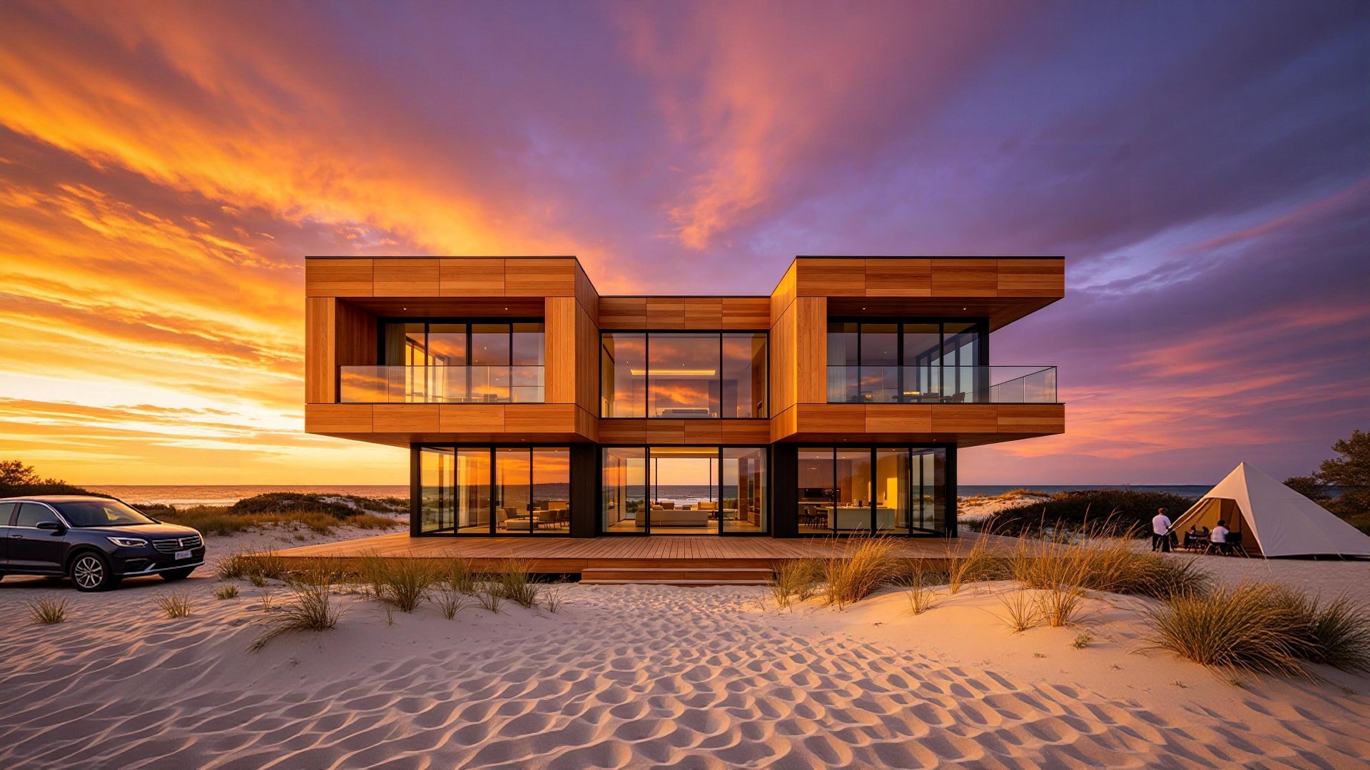 Coastal retreat with Teak Brown HPL cladding at sunset